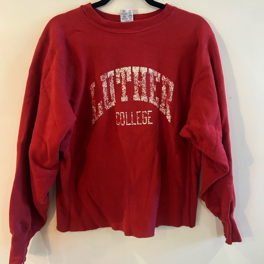 Red College Crewneck Sweatshirt with Distressed Print